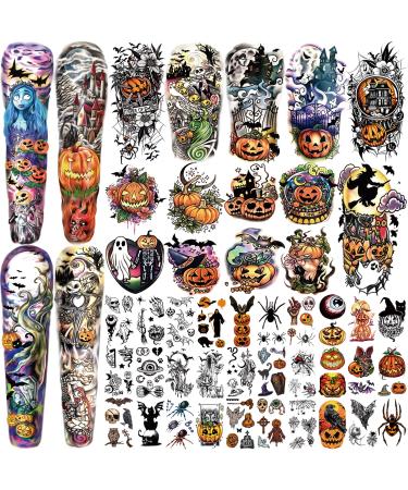 SOOVSY 44 Sheets Halloween Full Arm Temporary Tattoos for Aldult  Pumpkin Fake Tattoos  Horrible Spider Full Arm Tattoo Stickers Halloween Makeup Party Favors Tattoos for Girls and Boys Horror Theme Party Decorations Hal...