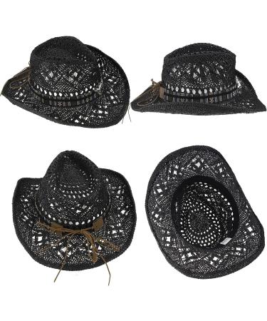 Western Cowboy Straw Hat Wide Brim Cowgirl Sun Hat with Hat Band - Black (7-7 1/4) - Buy Online on GoSupps.com