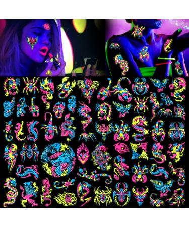HOWAF 10 Sheets UV Neon Temporary Tattoos  Fluorescence UV Neon Body Face Taoos for Makeup Party Rave Festival Women Dancing Party Decorations Supplies  Glow in the Dark Black Light Fake Tattoos