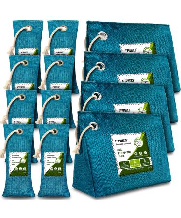 FRIEQ 12 Pack 100% Activated Bamboo Charcoal Air Purifying Bag | Lasts 365+ Days | Charcoal Bags Odor Absorber for Car Home Closet Pet Shoe ( 4x200g 8x50g) Blue-green