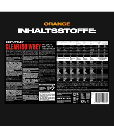  Body Attack Sports Nutrition Body Attack Clear ISO Whey - Orange Flavor - 900g - Made in Germany - Refreshing and clear whey protein isolate - 24g of protein and 11 400mg of EAAs per Iso Whey Shake - Buy Online on GoSupps.com