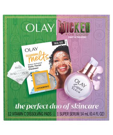 Olay x Wicked: For Good: Perfect Duo Skin Care Set Skin Care Gift Set 2pc Vitamin C Cleansing Melts 12 Count Super Serum Trial Size 0.4 FL OZ Wicked Bundle: Super Serum + Face Cleansing Melts