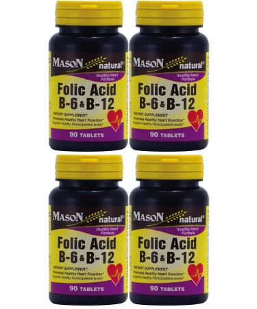 Mason Vitamins Folic Acid B-6 & B12 Heart Health Formula 90 Tablets per Bottle Pack of 4 Total 360 Tablets
