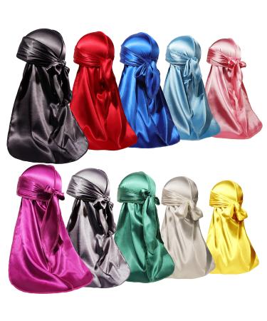 10 Pieces Silky Durags Long Tail for Women Men Satin Durag 360 Wave Dorag  10 Colors