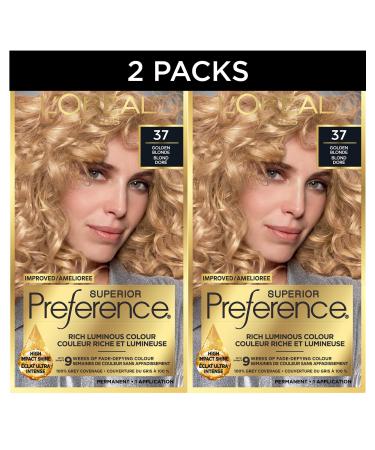 L'Oreal Paris Superior Preference Hair Dye Hair Color for Women 37 Golden Blonde Hair Dye Permanent Hair Color 100% Grey Coverage 9 weeks of Luminous Fade-Defying 1 Hair Dye Kit (Pack of 2) (Packaging May Vary) Golden Blonde Blonde
