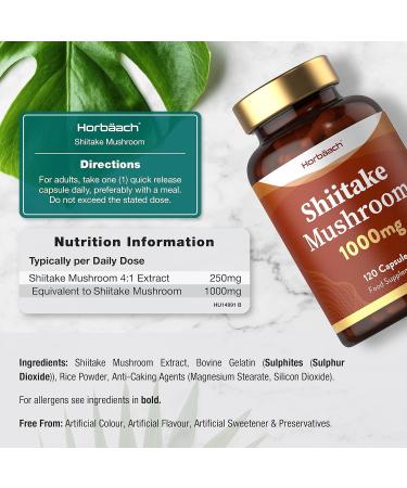 Shiitake Mushroom Extract 1000mg | 120 Capsules | Pure Mushroom Powder Supplement | Non-GMO with No Artificial Preservatives by Horbaach - Buy Online on GoSupps.com