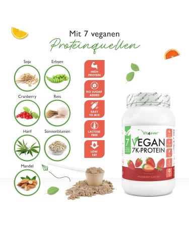 Vegan 7k Protein Powder 1kg - Strawberry Pure Plant-Based Protein Blend with Rice Almond Soy Peas Hemp Cranberry & Sunflower - Buy Online on GoSupps.com