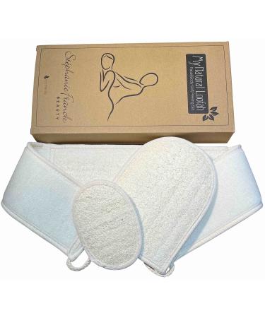 Body and face peeling set made of loofah sponge with back strap peeling glove and face pad for bath and shower