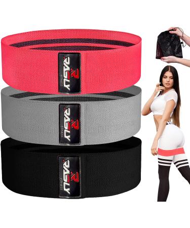 Kanzy Fabric Resistance Bands Set of 3 Exercise Bands for Working Out Non-Slip Booty Bands for Women Workout Bands with Carrying Mesh Bag for Training Squats Legs Butt Thighs and HIPS Glute Bands 15" Red Grey Black