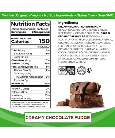 Orgain Organic Vegan Protein Powder - Creamy Chocolate Fudge, 21g Plant Based Protein, Low Net Carbs, Non-Dairy, Gluten-Free, Lactose-Free, No Sugar Added, Soy-Free, Kosher, 1.02lb - Buy Online on GoSupps.com
