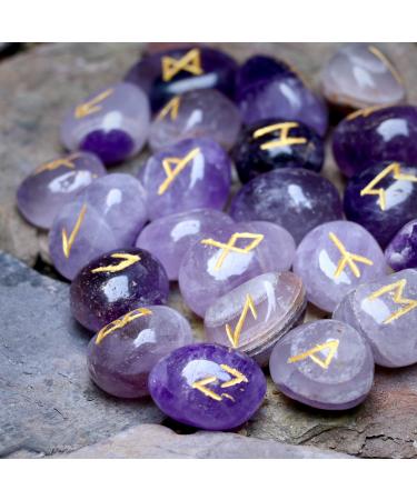 Crocon Amethyst Gemstone Rune Stones set with Elder Futhark Alphabet Engraved Symbol 25 pcs Set For Feng Shui Chakra Balancing Reiki Healing crystal runes stones set Size: 15-20 mm #001 Amethyst