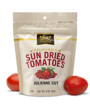 Traina Home Grown California Sun Dried Julienne Cut Sun Dried Tomatoes - 3 oz.,12 pk - Non GMO, Gluten Free, Kosher, Packed in Resealable Pouch (Pack of 12)