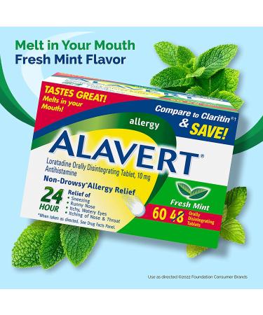 Alavert Allergy Relief Orally Disintegrating Tablets 10mg - 60 Count | Non-Drowsy Antihistamine Fresh Mint Flavor - Buy Online on GoSupps.com