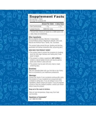A+Health Dairy Relief Lactase Enzyme 9000 FCC Chewable Tablets 60 Count Fast Acting Dye-Free Dietary Supplement Vanilla Flavor Single Serve Pouches for Adults and Children 4 Years and Up 60 Count (Pack of 1) - Buy Online on GoSupps.com