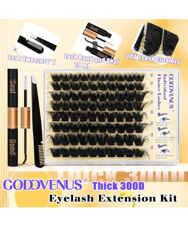 Cluster Lashes Kit 300D Thick Eyelash Extension Kit DIY Individual Eyelashes DD Curl Russian Eyelashes Individuals Kit Fluffy Lash Clusters Extensions with Bond and Seal Lash Tweezers by Goddvenus F-300D lash extension kit - Buy Online on GoSupps.com