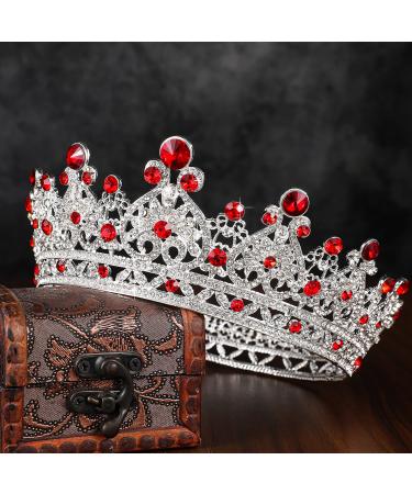 Ruby Queen Crown and Tiara for Women Girls  Rhinestone Full Round Baroque Princess Crown Royal Costume for Wedding Birthday Party Prom Pageant Halloween (Silver and Red) Silver-Ruby-6.3 inches