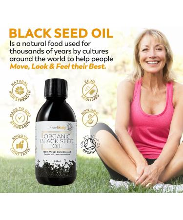 Organic Black Seed Oil Cold Pressed - 200ml High Strength 3X% - Certified Pure Virgin Oil - Omega 3 6 & 9 - Glass Bottle - by Inner Vitality - Buy Online on GoSupps.com
