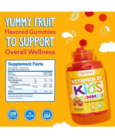 Kids Vitamin D3 1000 IU Gummies for Bone Health & Immune Support | Citrus Flavored Vegetarian Gummies | 90 Day Supply - 90 Count - Buy Online on GoSupps.com
