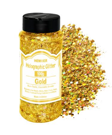 Hemoer Holographic Chunky Glitter gold 100g chunky sequins glitter craft glitter for resin face nail body handicrafts slime festival party art glitter powder for nail glitter golden - Buy Online on GoSupps.com