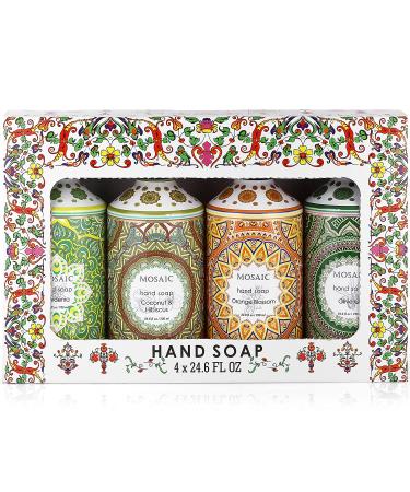 Mosaic Liquid Hand Soap / Hand Wash Gift Set, Ideal Bathroom Hand Soap and Kitchen Hand Soap Set , Olive Oil + Coconut & Hibiscus + Gardenia + Orange Blossom, 4 x 24.6 fl oz Each Liquid Soap Bottle