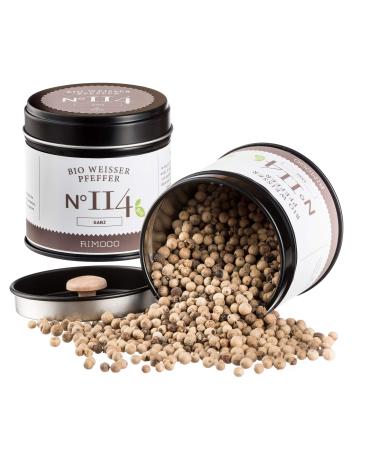 Rimoco N 114 Bio White Pepper (Malabar Pepper) completely - dried and entire Malabar Pepper Peppercorns |Sweet fine & mild |Organic extension (DE- KO-007) |80g in an elegant spice jar with aromadeckel content: 80g (aromadosis)