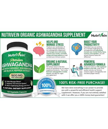 Nutrivein Organic Ashwagandha 1600mg with Black Pepper - 120 Vegan Pills for Stress Relief & Energy Boost - Buy Online on GoSupps.com