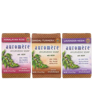 Auromere Ayurvedic Soap Variety Pack - 3 x 2.75oz Natural Soap Bars - Handmade Vegan Soap with Ayurvedic Herbs & Organic Neem