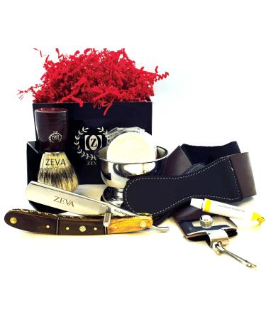 ZEVA Men's Best Wooden Straight Razor Shaving Set Kit in Gift Box Wet Shave Razor Mission Style Razor Holder Pure Bristle Shaving Brush Wooden Shaving Mug