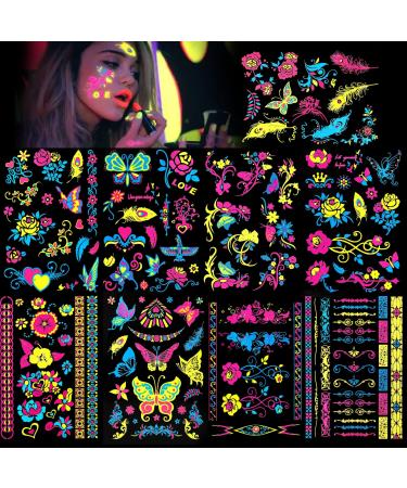 HOWAF 9 Large Sheets Neon Glow in The Dark Temporary Tattoos 100+ Assorted Designs Glow UV Neon Body Face Flowers Butterfly Flash Fake Waterproof Tattoo Stickers for Women Men Girls Body Art