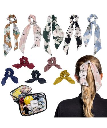 10 Pcs Hair Scrunchies with Scarf Floral Hair Ribbons Vintage Hair bands Ponytail Holder Hair Ties for Women and Girls Scrunchy Ties 2 in 1 Hair Accessories for Women M-S 10Pack