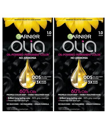 Garnier Hair Color Olia Ammonia-Free Brilliant Color Oil-Rich Permanent Hair Dye 1.0 Black 2 Count (Packaging May Vary)