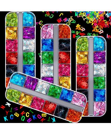 48boxes Holographic Letter Nail Sequins Stickers 26 Letters Holographic Nail Decals 3D Mixed Nails Glitter Flakes Laser Confetti Sequin for Women Lady Nail Design Decoration Design Nail Salon