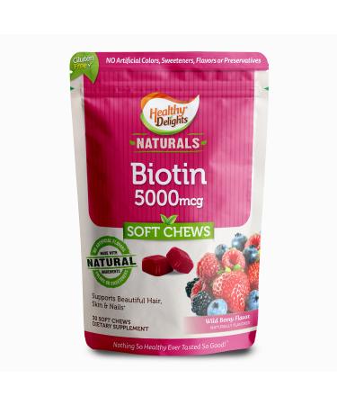 Healthy Delights Naturals Biotin Soft Chews Supports Lustrous Hair Glowing Skin & Strong Nails Delicious Wild Berry Flavor 30 Count