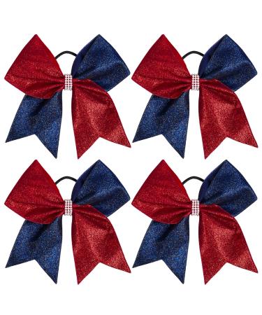 Whaline 4th of July Glitter Cheer Hair Bows 7.3 Inch Patriotic Cheerleader Hair Bows with Elastic Ponytail Holder Glitter Red Blue Hair Tie Band Independence Day Hair Accessories for Teens Kids  4Pcs