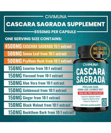 Cascara Sagrada Bark Extract Capsules 6550mg | 120 Capsules - 4 Months Supply | Senna Leaf Psyllium Husk Powder | CIVIMUNA - Buy Online on GoSupps.com