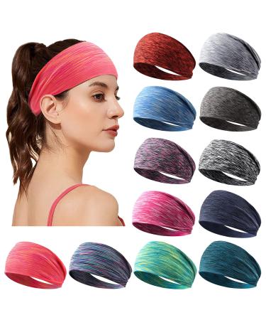 Women's Workout Headbands Non Slip Sport Sweatbands Yoga Hairbands for Travel Fitness Athletic Elastic Moisture Wicking for Girls multicolor(pack of 12)