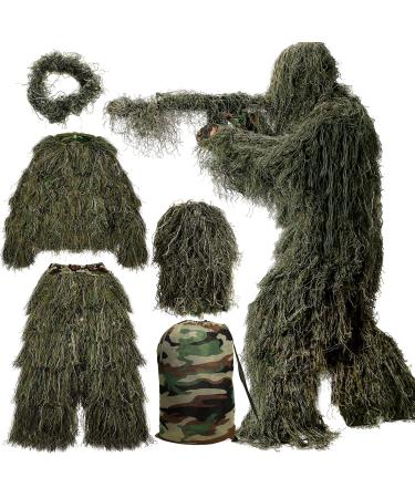 MOPHOTO 5 in 1 Ghillie Suit, 3D Camouflage Hunting Apparel Including Jacket, Pants, Hood, Carry Bag Suitable for Unisex Adults/Youth (M/L/XL/XXL) Forest Green 5 in 1 (Medium or Large)