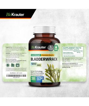 Bladderwrack Capsules 1200 mg - 100 Count - Formula from Natural Marine Source of Iodine - Vegan Bladderwrack Powder Caps - Buy Online on GoSupps.com