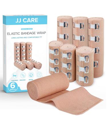 JJ CARE Elastic Bandage Wrap Pack of 6 Compression Bandage in 3 Inches and 6 Inches with 6 Extra Bandage Clips Ankle Wrist and Foot Elastic Bandages 6 Rolls Durable and Reusable