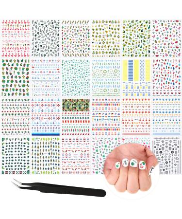 2800 Pieces Mixed Nail Art Stickers Summer Holiday Nail Stickers 3D Self-Adhesive Flamingo Cactus Fruits Leaves Nail Decals with Tweezers for DIY Nail Tip