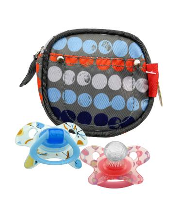 3-part set of newborn essentials cotton white-blue paci bag for storing snulls blue and pink geo silicone pacifier with bite ring BPA-free travel utensils from 0 months