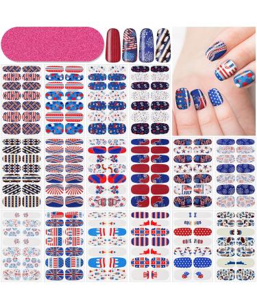 Dunzy 16 Sheets 4th of July Independence Day Nail Stickers Patriotic Strip Full Wraps Self-Adhesive Nail Polish Stickers Wraps Decals Tips with Nail File  Nail Art Stencil Strips Manicure Accessories