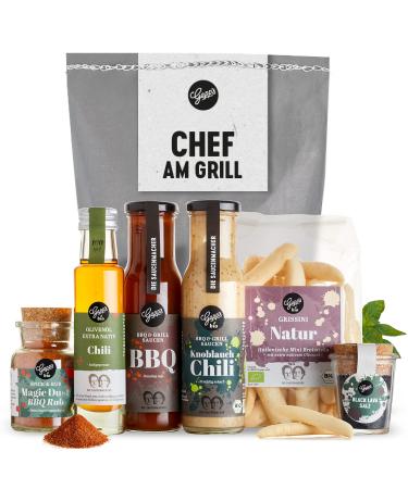 Gepp's delicatessen boss on the gift basket for men I Delicious grill gift for him with 2 x grill sauces chili oil Magic Dust BBQ Rub Black Lava Salz & Grissini i gift idea for grilling boss on the grill
