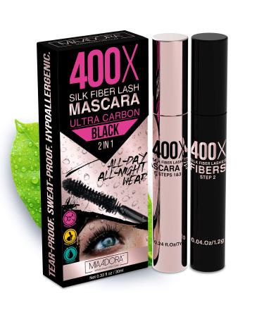 400X Pure Silk Fiber Lash Mascara Ultra Black Volume and Length, Longer & Thicker Eyelashes, Waterproof, Long Lasting, Instant & Very Easy to Apply, Smudge-proof, Hypoallergenic, Cruelty & Paraben Free (Mia Adora)