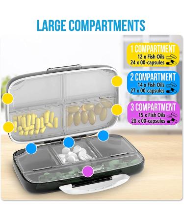 Pill Organizer Airtight Box Large Dispenser | 8 Compartment Travel Supplement Holder | Portable Vitamin Sorter | Daily Medicine Container - Black - Buy Online on GoSupps.com
