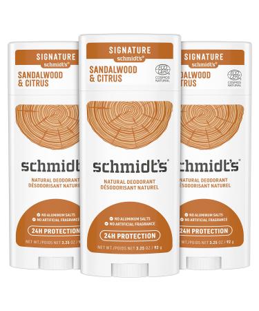 Schmidt's Aluminum Free Natural Deodorant for Women and Men, Sandalwood & Citrus with 24 Hour Odor Protection, Certified Natural, Vegan, Cruelty Free 3.25 oz, 3 pack