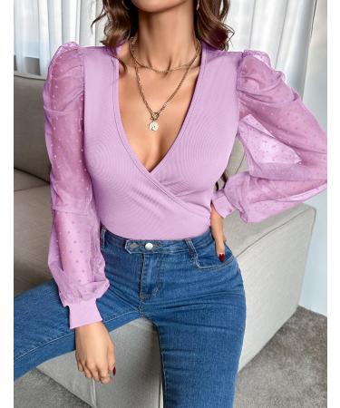 Fayenne Womens Tops Deep V Neck Cross Wrap Sexy Tops Polka Dot Mesh Long Sleeve T Shirt Casual Blouses S Lilac Purple - Buy Online on GoSupps.com