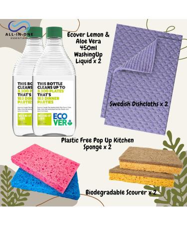 Eco Dish Washing Bundle With Ecover Washing Up Liquid Lemon and Aloe Vera 2 x 450ml Swedish Dishcloth x 2 Biodegradable Scourer x 2 and Plastic Free Kitchen Sponge x 2 - Buy Online on GoSupps.com