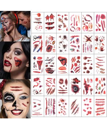 30 Sheets Halloween Temporary Tattoos Zombie Tattoos Fake Scars with Fake Blood Waterproof Fake Bloody Wound Stitch Scar Scab Zombie Makeup Halloween Party Cosplay Style 2