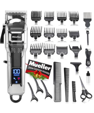 Mueller Ultragroom Cordless Hair Clippers Kit, Beard Trimmer for Men with Digital Display, Dual Voltage, 2000mAh Lithium Ion Rechargeable Battery and 3h of Running Time 25 piece Silver